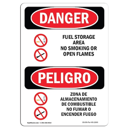 OSHA Danger, Fuel Storage Area No Smoking Bilingual, 18in X 12in Rigid Plastic